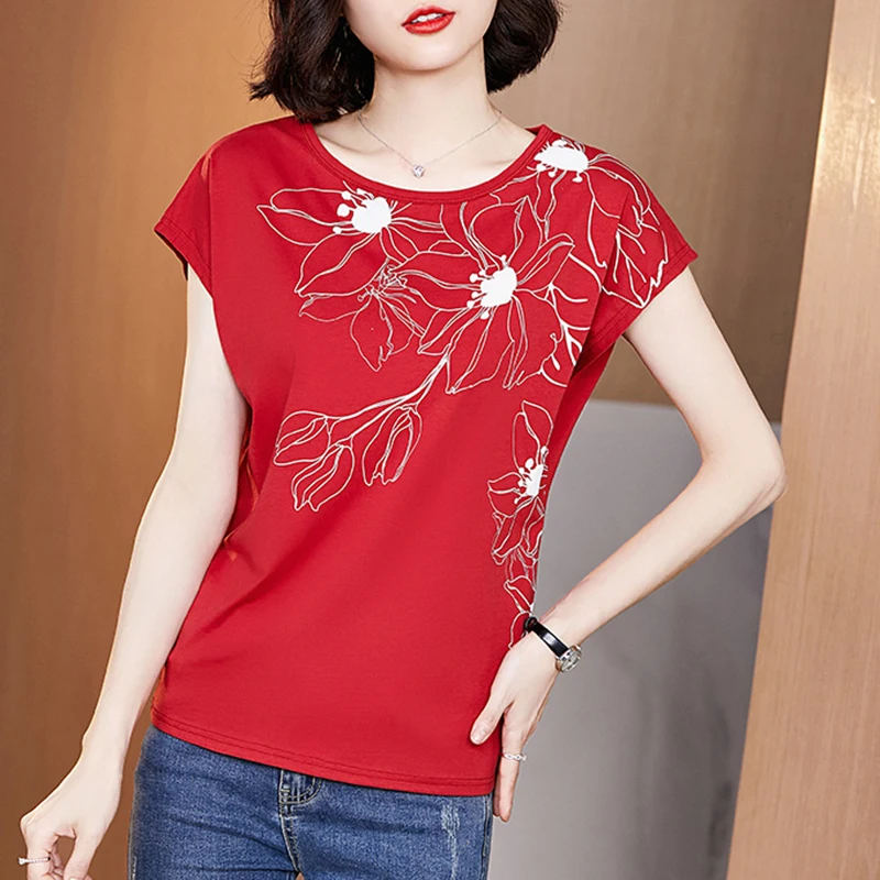 

Korean Printed Casual Blouse Women Short Sleeve Summer Loose Ladies Blouses And Shirts O Neck Plus Size Tops Women Clothes 10135