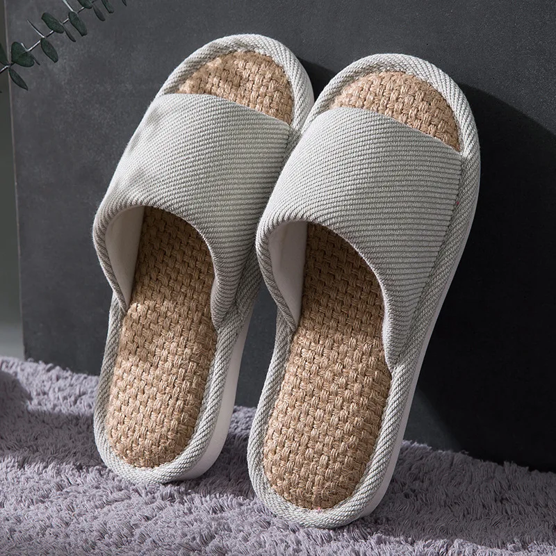 Home Linen Slippers Men Couple Soft Thick Bottom Indoor Household Anti-Skid Air Conditioning Breathable Wear-Resistant