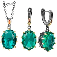2pcs sets necklaceearrings with big oval green zircon gun blackgold 2 tone plating trendy charming jewelry for women