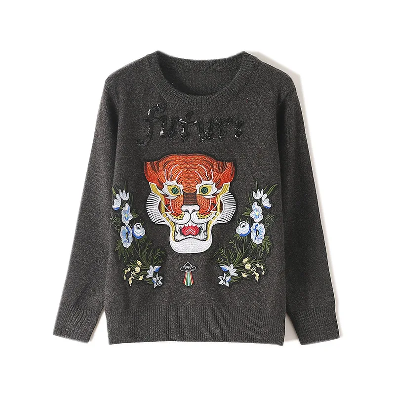 Модный женский пуловер свитер с вышивкой головы тигра и цветочным узором джемпер