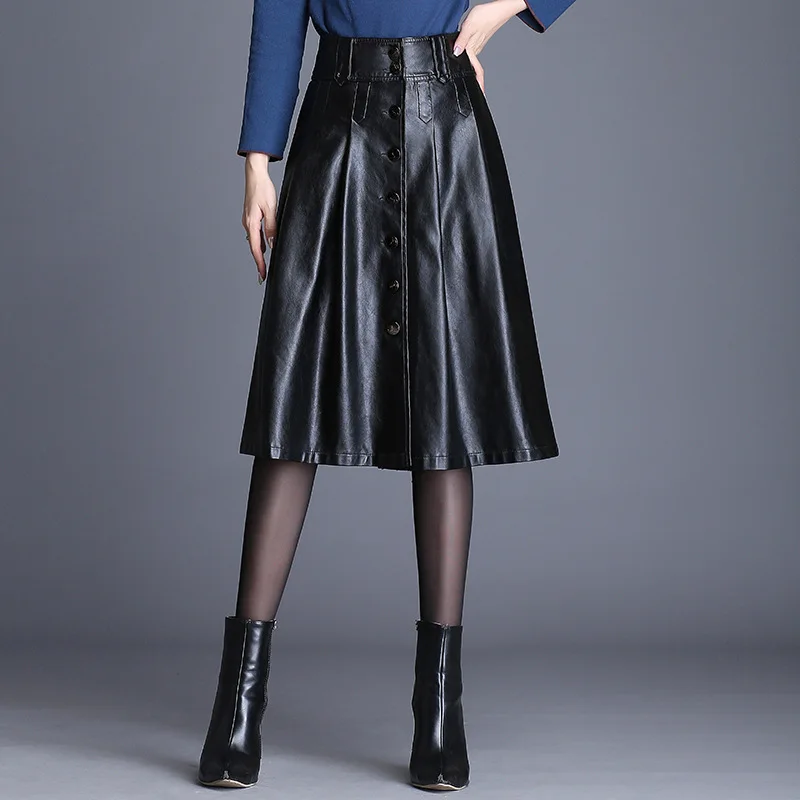 

A-line Leather Splicing High Waist Skirts For Women Office Elegant Mid-length Female Autumn Winter PU Umbrella Skirt