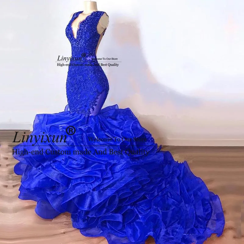 Sexy Long Tiered Organza V Neck Royal Blue Mermaid Prom Dresses 2020 Evening Gowns Formal Dress Party Gowns Custom Size