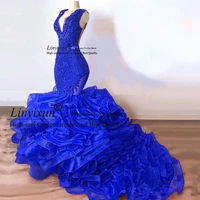 sexy long tiered organza v neck royal blue mermaid prom dresses 2020 evening gowns formal dress party gowns custom size