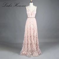 2020 Sweet Pink V-Neck Evening Dress Sexy Backless Lace Diamond Long Skirt Perspective Tulle Italian Leather Double Strap Dress