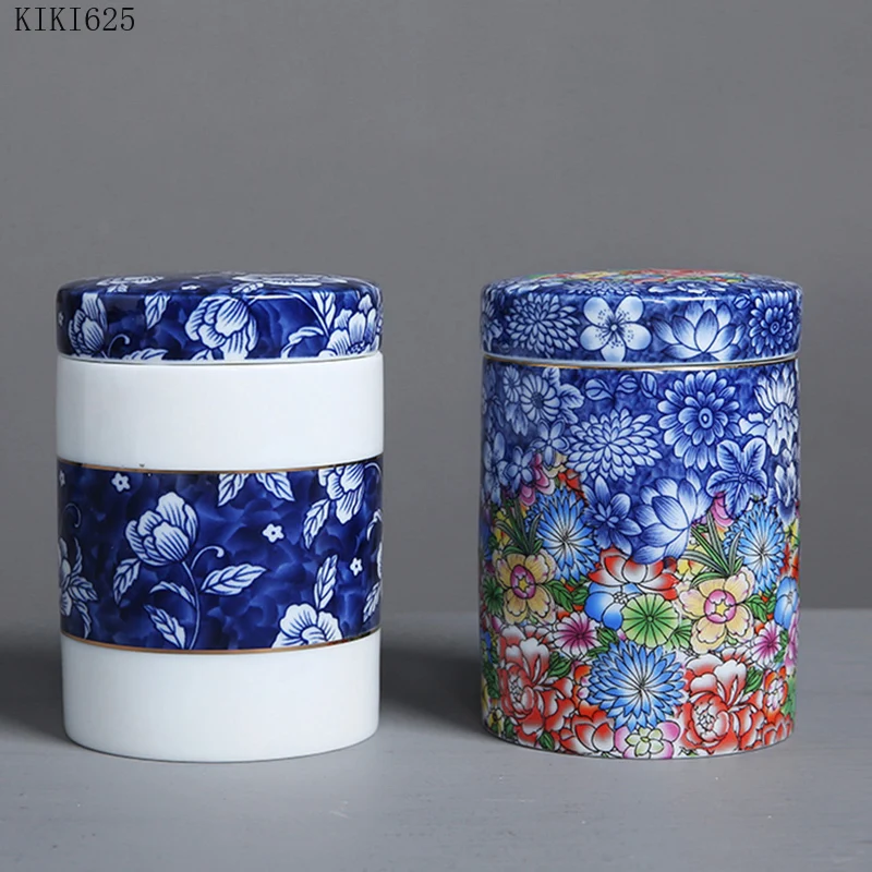 

Blue and White Porcelain Tea Caddy Ceramic Painted Sealed Storage Jar Home Decoration Jar Kitchen Food Container Home Decoration