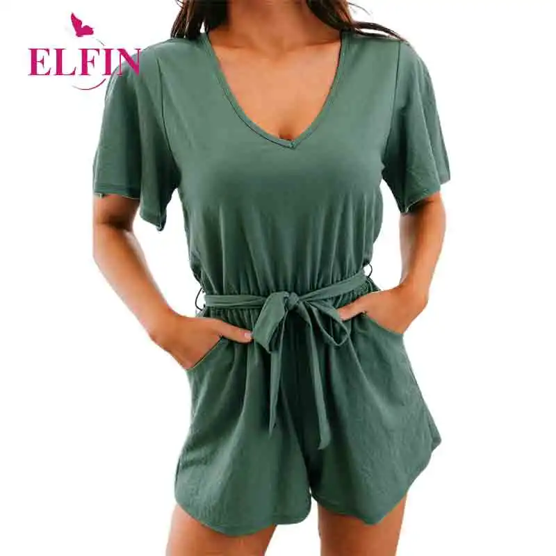 

Women Summer Green Casual Slim Short Sleeve Bandage Elastic Waist Pockets Playsuit Femme Sexy V Neck Split Rompers SJ6191R