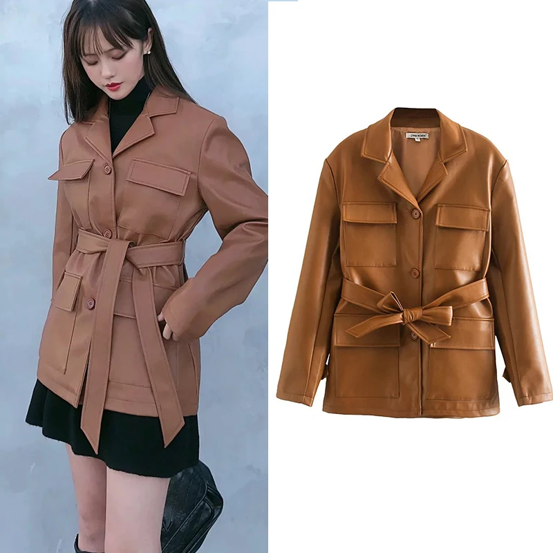 Женская однобортная куртка za коричневая из искусственной кожи с длинным рукавом