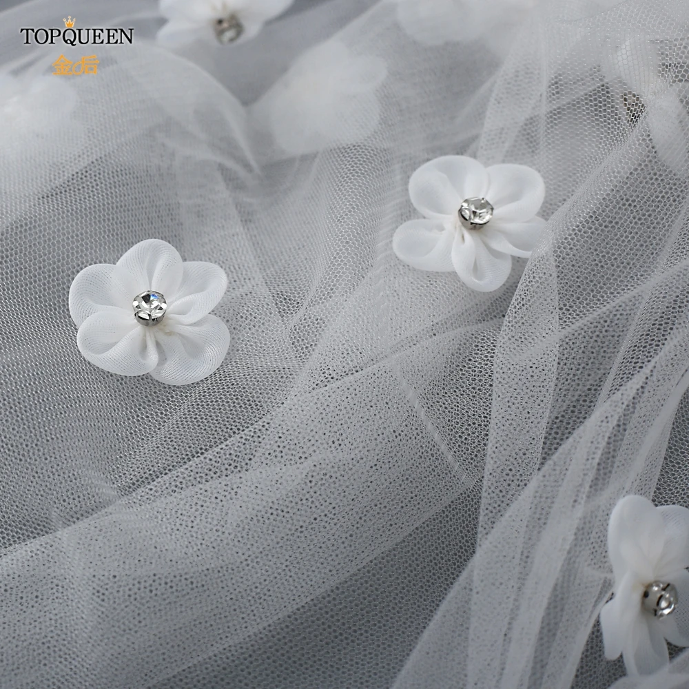 

TOPQUEEN V46 Elegant Short Bride Veil with Organza Flowers White Ivory Wedding Tulle with Diamonds for Marriage Party Hot Sell