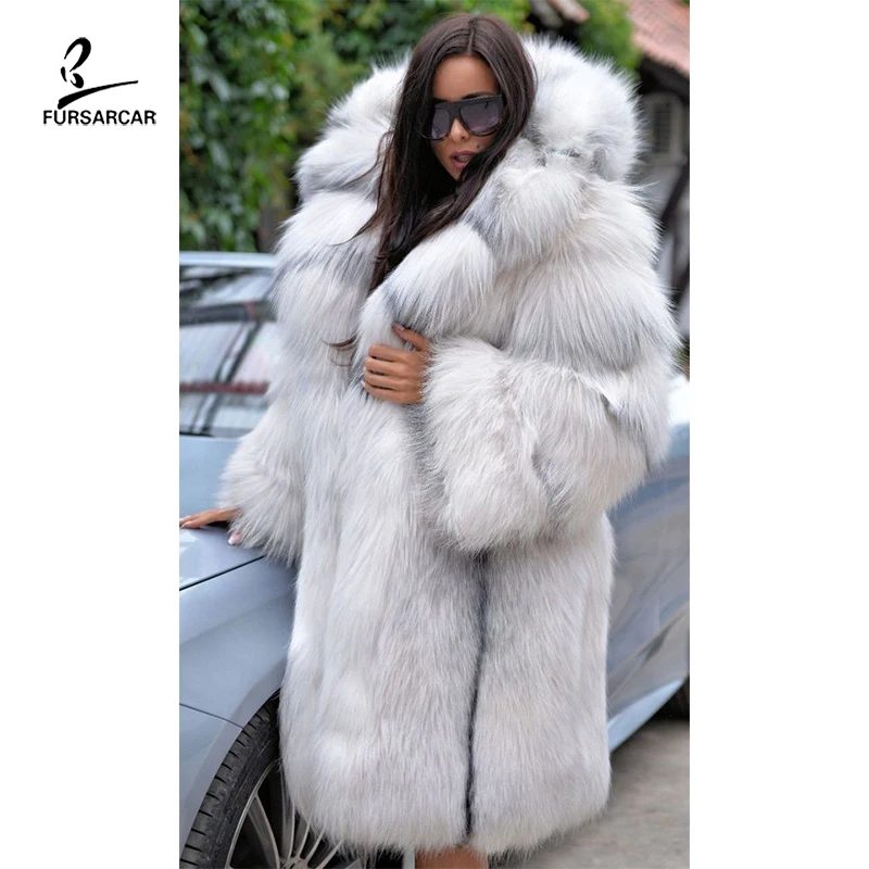 FURSARCAR 2021 New Real Natrual Cross Fox Fur Jacket With Hood Women Winter  Long Fur Coat Thick Fashion Luxurious