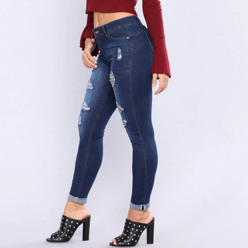 Короткие Синие рваные женские джинсы на пуговицах джинсовые узкие брюки с