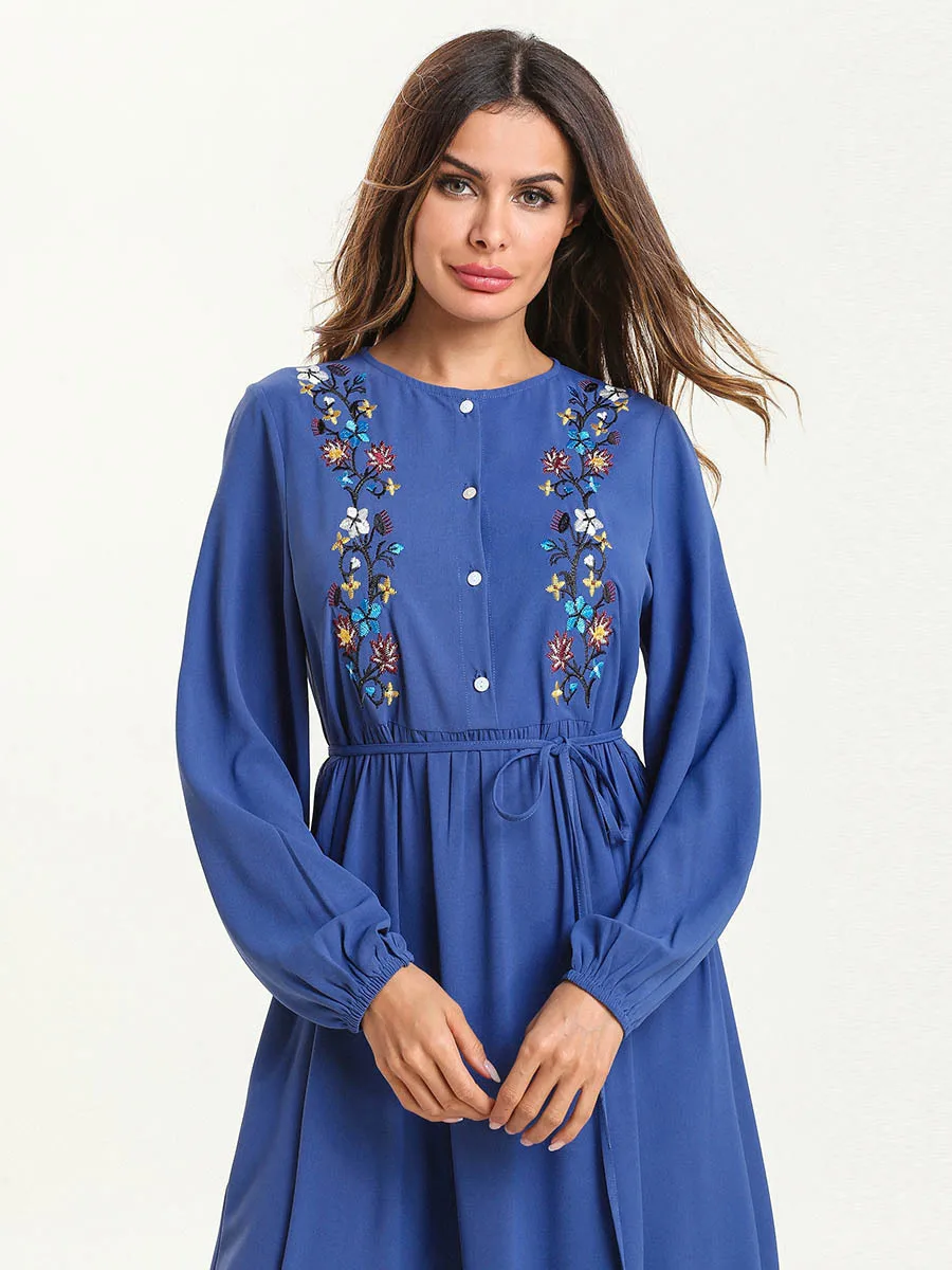 

Long Sleeve Muslim Robe Suit-dress Embroidered Lotus Leaf Edge Will Pendulum Longuette abaya