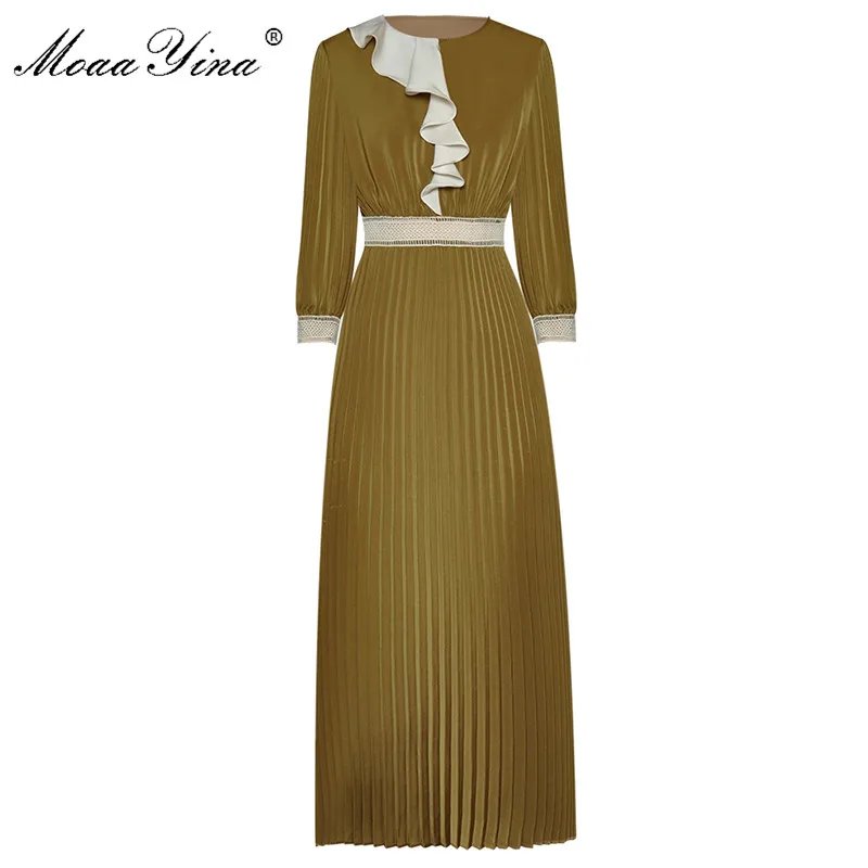 

MoaaYina Fashion Designer dress Spring Women's Dress Ruffles Hollow out Waist circumference Slim Pleated Dresses