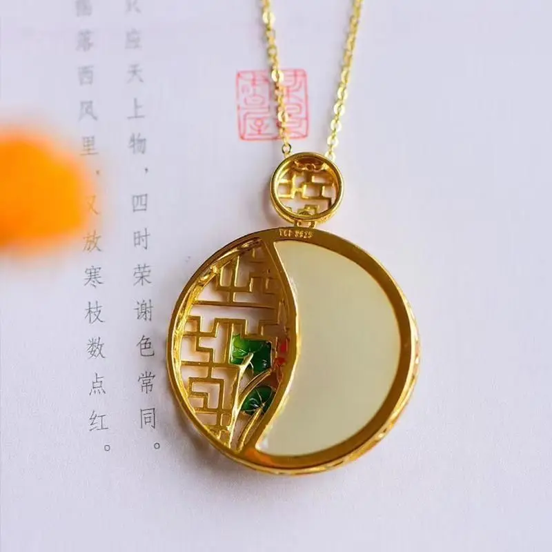 

Lotus Pond Moonlight Hotian Jade Pendant Necklace Women's S925 Sterling Silver Inlaid Yellow Gold Necklace Jade Pendant Or