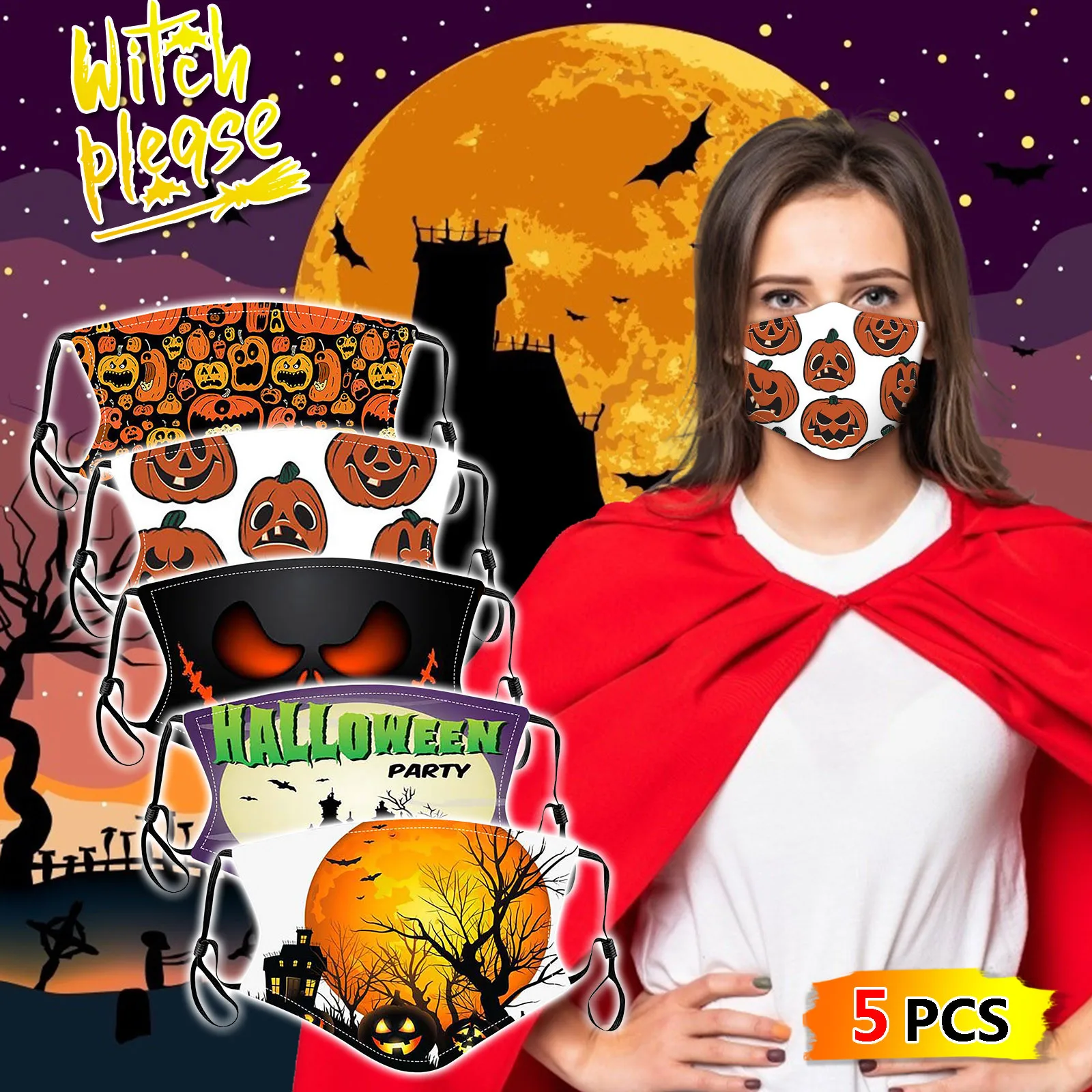 

Маска Aldult для косплея, дышащая многоразовая моющаяся Регулируемая Маска для лица с принтом на Хэллоуин, 1 шт.