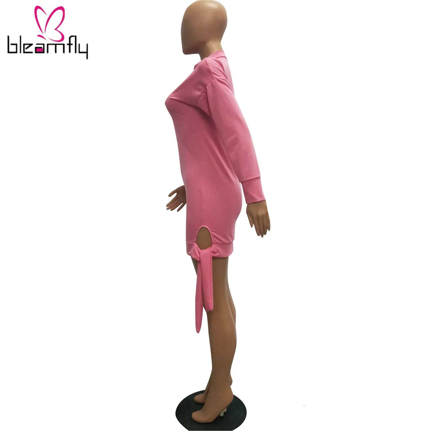 2019 женское осеннее Новое однотонное мини платье с длинным рукавом и завязками