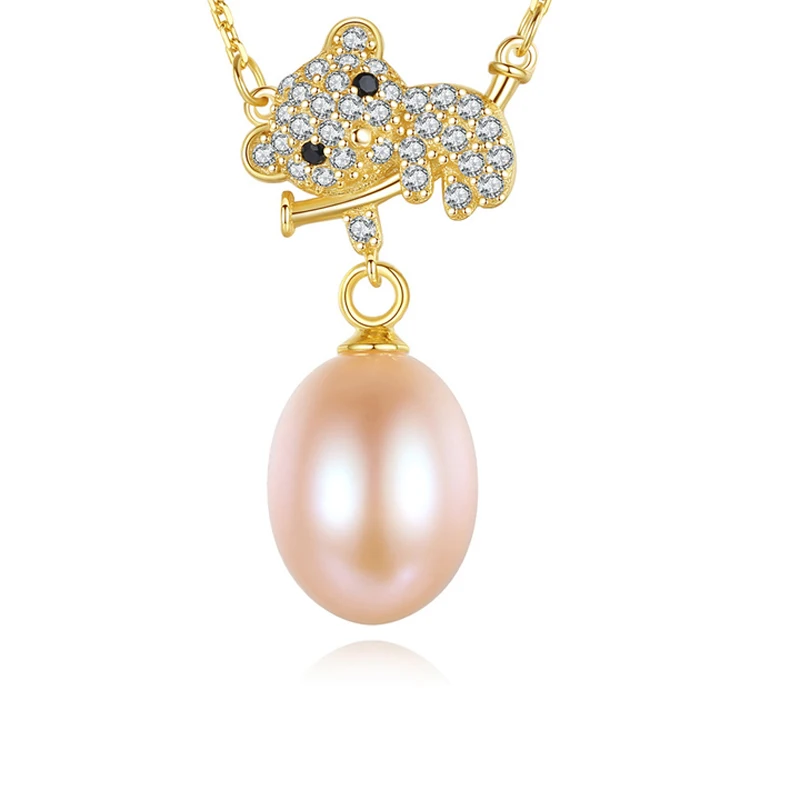 

Luxury 100% 925 Sterling Silver Created Pearl Small Bear Cute Pendant Necklace For Women High Carbon Diamond Fine Jewelry Gift