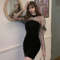 women slim mesh velvet mini dress 2021 fall spring hollow out long sleeve gown dresses sexy black bodycon evening party 4xl
