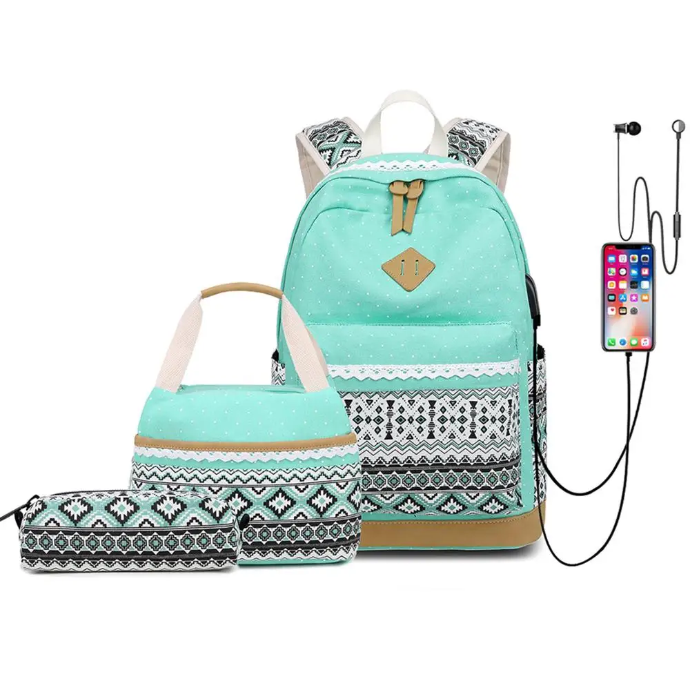 Рюкзак для девочек-подростков, 3 в 1, тканевый, с точечным принтом, с USB-разъемом