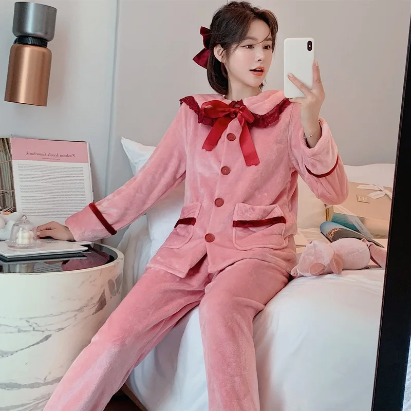

Autumn Winter Women's Lolita Flannel Vintage Turndown Collar Pajama set Ladies Lace Princess Pyjamas Set Warm Sleep Loungewear