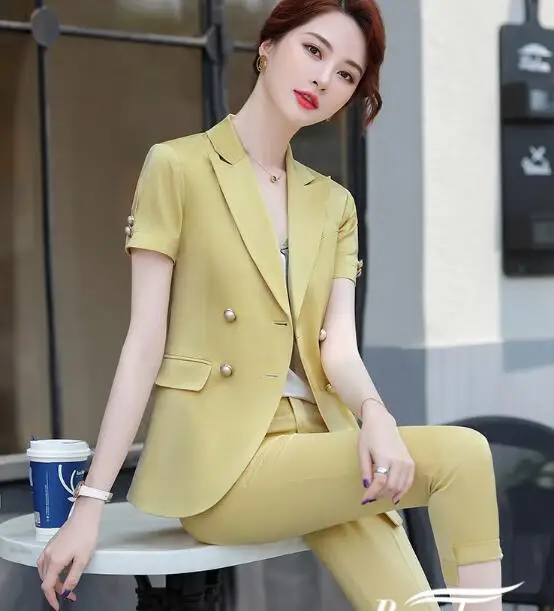 

2020 Double Breasted women fashion pant suits light blue solid jacket and trouser OL ladies business wear Blazer and skrit