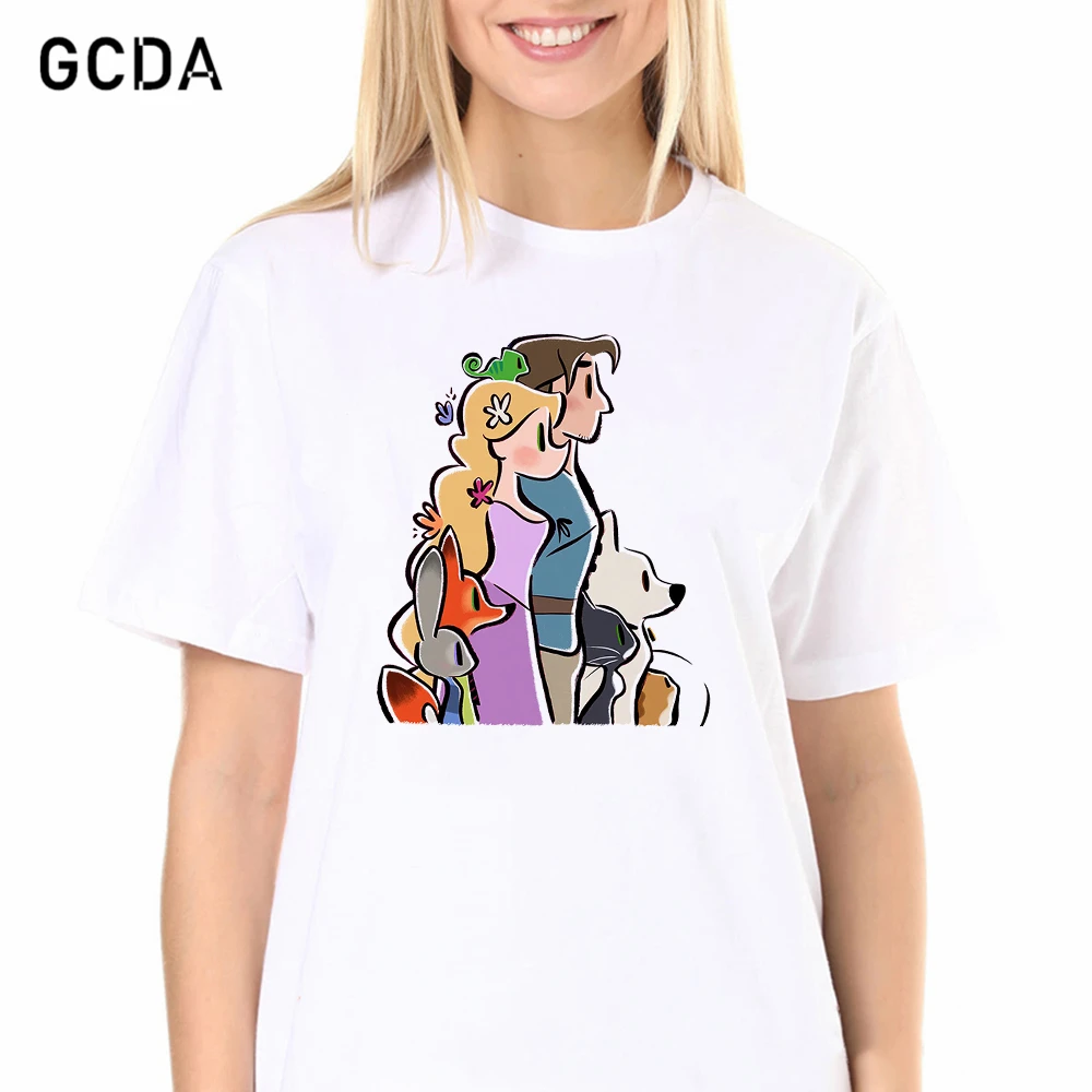 

Летняя Повседневная модная женская футболка, милые футболки для девочек, белая футболка с изображением Принцессы Диснея, Рапунцель, звероп...