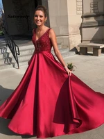 vestidos de gala burgundy prom dresses satin beaded v neck evening gowns a line robe de soiree 2022