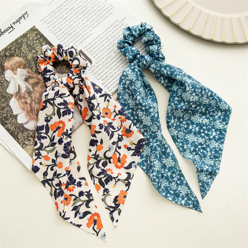 

Fashion Print Bow Satin Long Ribbon Ponytail Scarf Hair Tie Scrunchies Women Girls Elastic Hair Bands Simple Hair Accessories