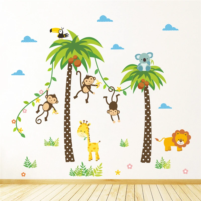 

Monkey Lion Giraffe Coconut Tree Wall Stickers For Kindergarten Kids Room Home Decor Safari Mural Art Diy Cartoon Animal Decals