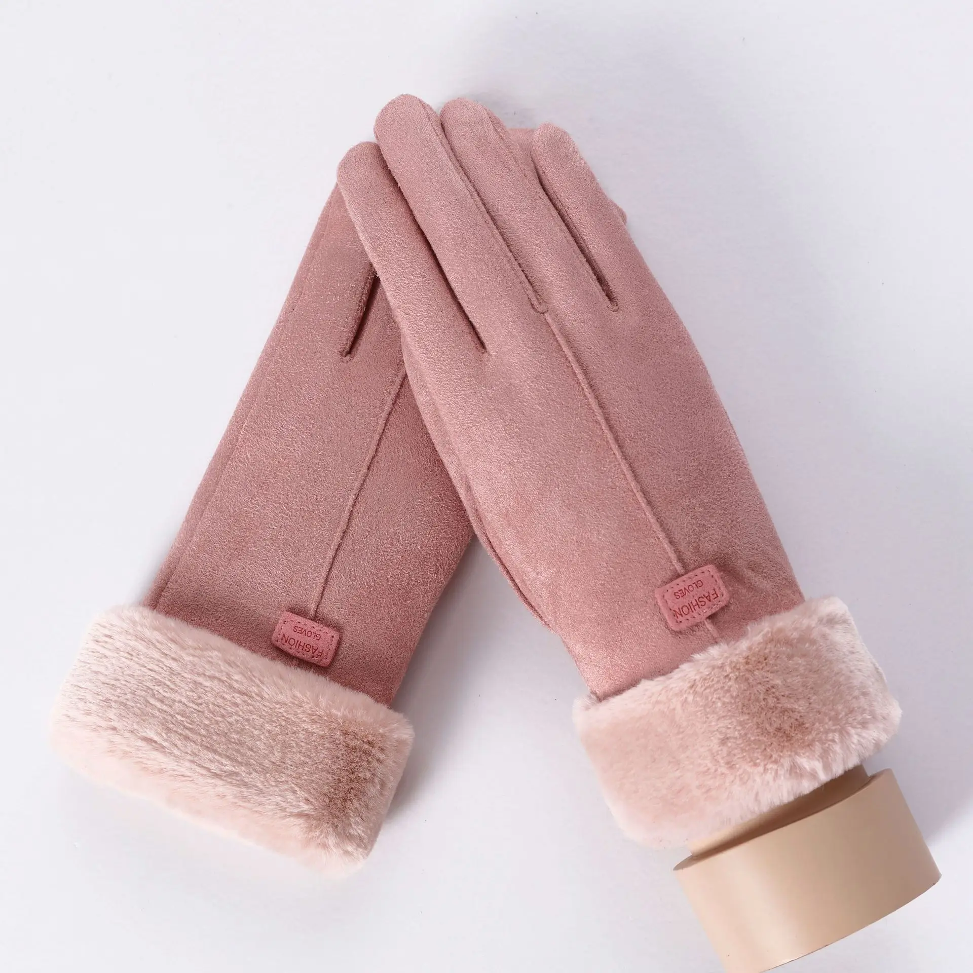 081C-T-SkinPink Sparsil женские замшевые перчатки с сенсорным экраном, зимние двухслойные меховые варежки, теплые модные перчатки с вышивкой в виде снежинки для улицы - Цвет: 081C-T-SkinPink