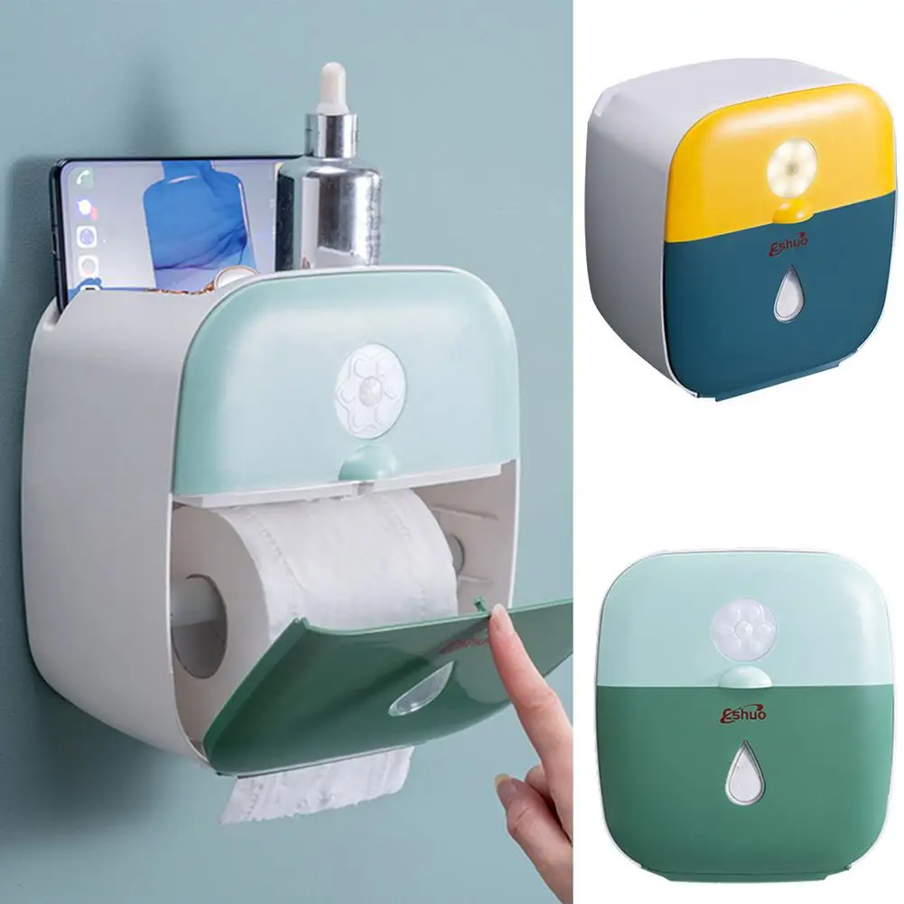 

LED Sensor Tissue Box Intelligent Toilet Night Light With Toilet Paper Shelf Box Tissue Multifunctional ABS Mobile Phone Holder