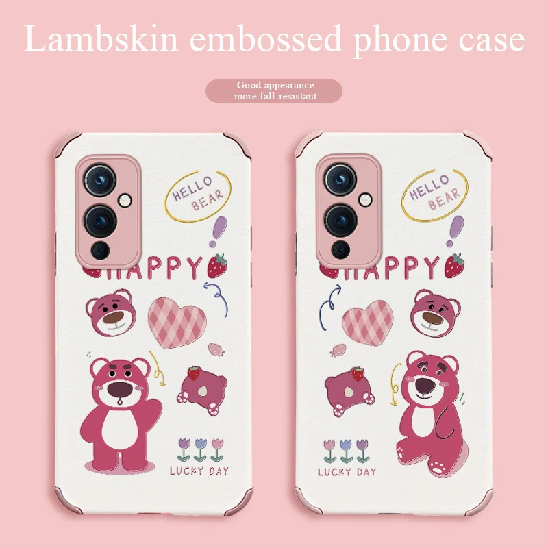 

Happy Strawberry Bear Phone Case For Oneplus 9 9pro 8t 8 8pro Pro Lambskin Four Corners Stick Leather Cover