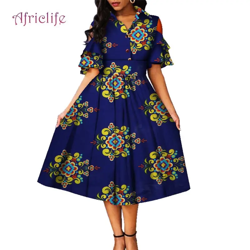 

Pleated Lady Skirt Mid-Calf High Waist Bazin Clothing Turn-Down Collor Plus Size African Dress Fashions Clothes WY6319