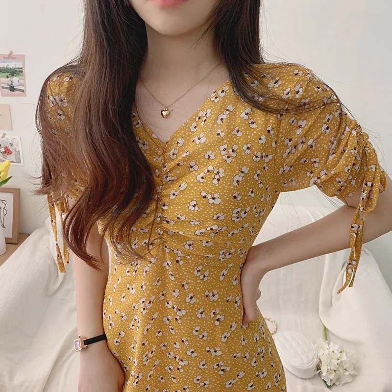 Vestido de verano de una pieza estilo coreano, informal, Vintage, de gasa, con cuello en V, Floral, 2021