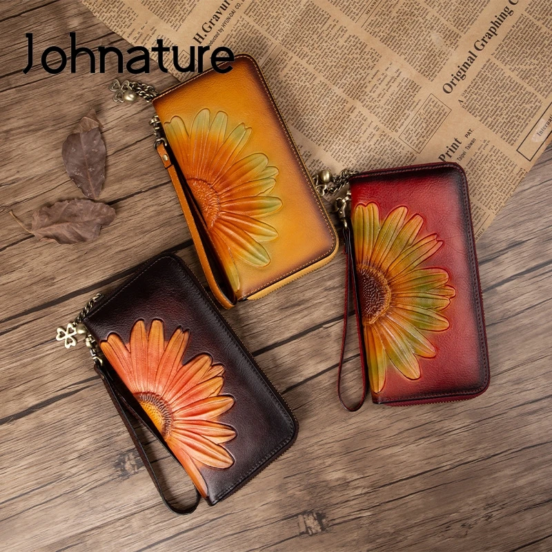 Женский кошелек из натуральной кожи Johnature длинный клатч ручной работы на молнии