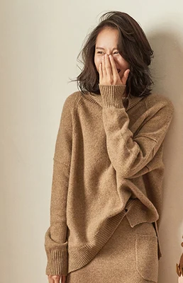 

Новинка Осень-зима 2021, кашемировый свитер, Женский пуловер с высоким воротником, свободный плотный свитер, короткая вязаная рубашка