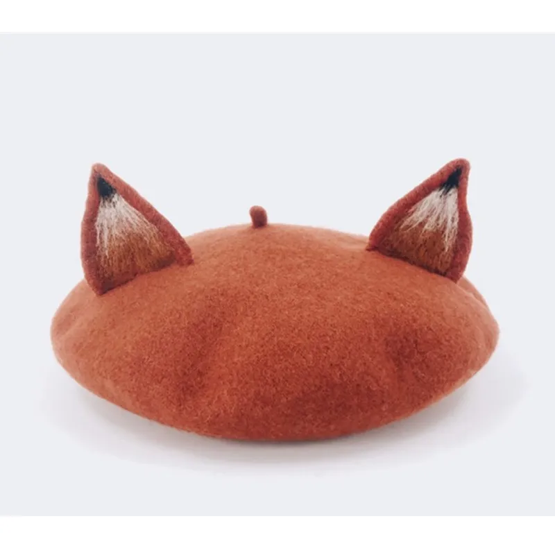 Новинка винтажные женские милые береты с объемными лисьими ушками шапки из