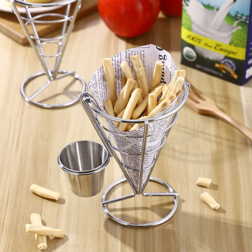 

BESTONZON 2PCS French Fries Stands Classic French Fry Cone & Dipping Cup Holder Snack Appetizer Serving Rack Food Display Wire