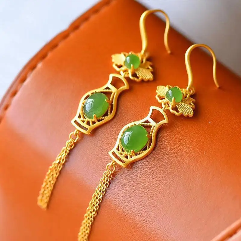 

Tingfeng Vase Tassel Earrings Eardrop S925 Sterling Silver Natural Hetian White Jade Inlaid Retro with Fluorescent Green Chalced
