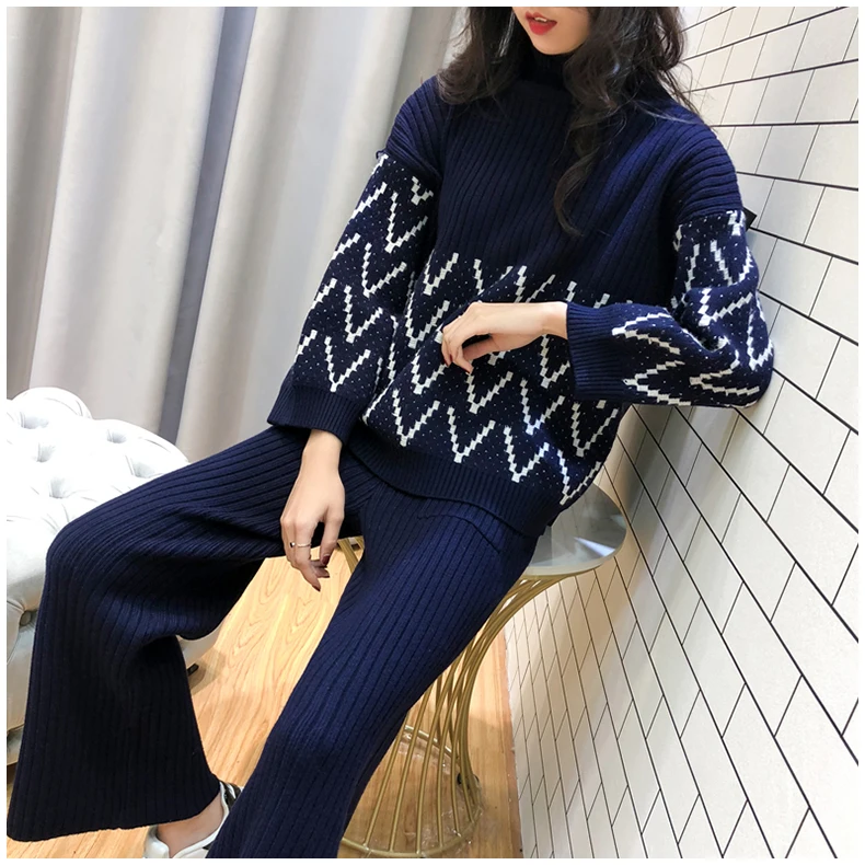 ALPHALMODA, Зимний пуловер с круглым вырезом, Свободный вязаный свитер+ широкие вязанные штаны, Женский Повседневный костюм из 2 предметов, черный и синий цвета