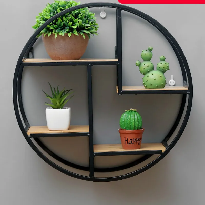 

European-style living room wrought iron racks retro solid wood bookshelf partition wall round decorative display rack LB62418
