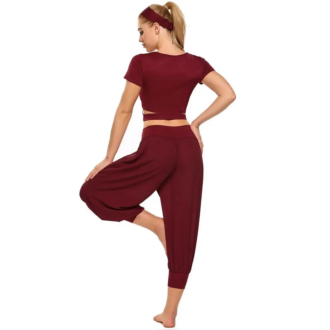 Женский комплект из 3 предметов для йоги короткий рукав летний укороченный