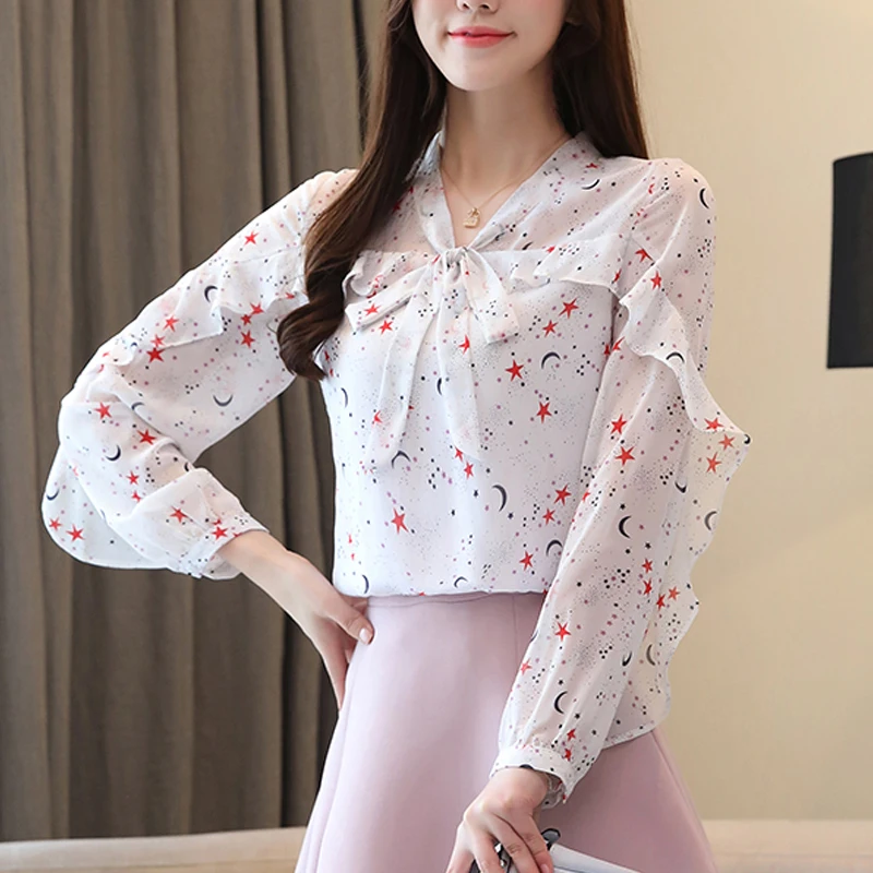 Шифоновая женская рубашка с оборками новинка весны 2020 блузки длинным рукавом и