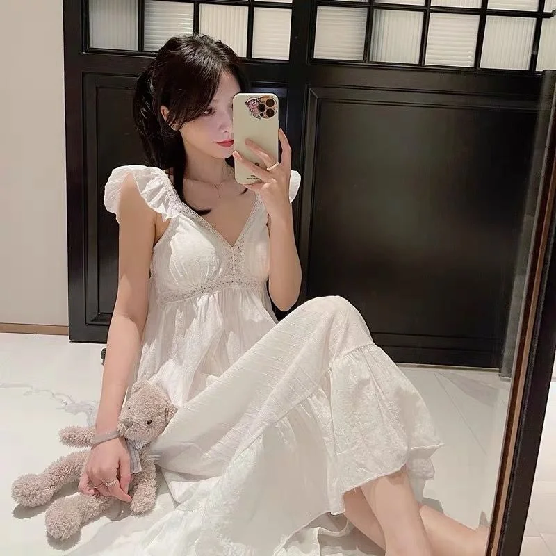 

Summer Women's Clothing Sexy Sleepwear Lace Solid Color Nightgown Summer Sleepshirts Nightdress Sleeveless Sling Ruffles