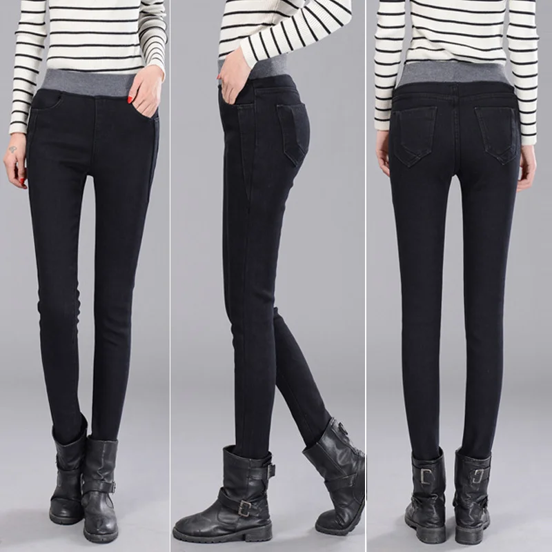 Эластичные Обтягивающие джинсы для женщин 2019 зимние теплые джинсовые штаны
