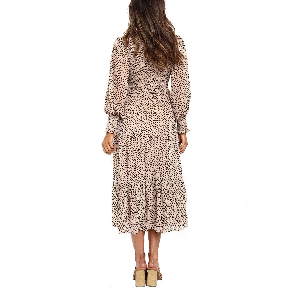 

2020 Spring and Summer New Smocking Irregular Dot Chiffon Print Long-Sleeve deng long xiu Splicing Dress