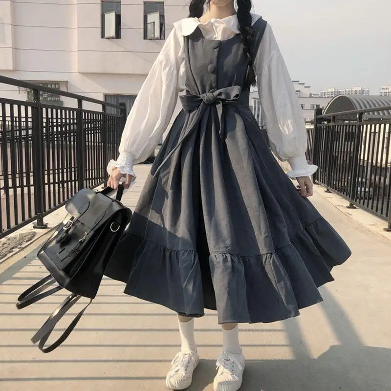 

QWEEK Kawaii Lolita Style Dress Ruffle Japanese Harajuku Cute Oversize Sashes Midi Dress Summer Sundress Sleeveless