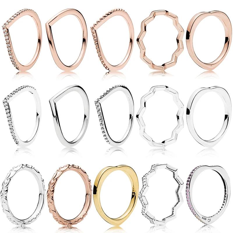 

925 Sterling Silver Wish Bone Finger Ring Set With Crystal Stack Rings For Women Wedding Party Jewelry