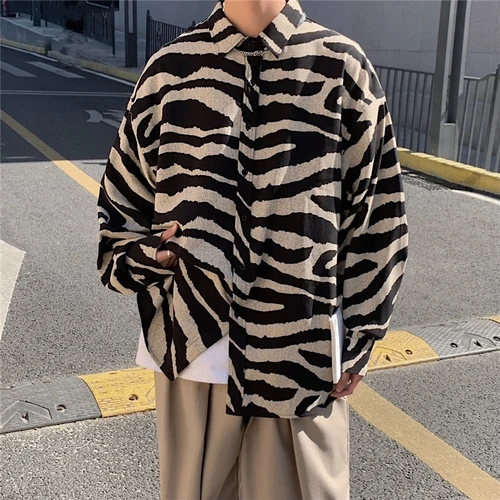 

Men Striped Shirts Cotton Long Sleeve Zebra Print Harajuku High Street Shirt Teens Loose Casual Ins Fashion Handsome Streetwear