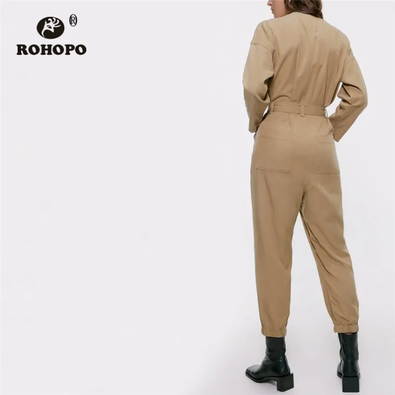 ROHOPO V воротник с поясом на спине карманы хаки хлопковый комбинезон карго