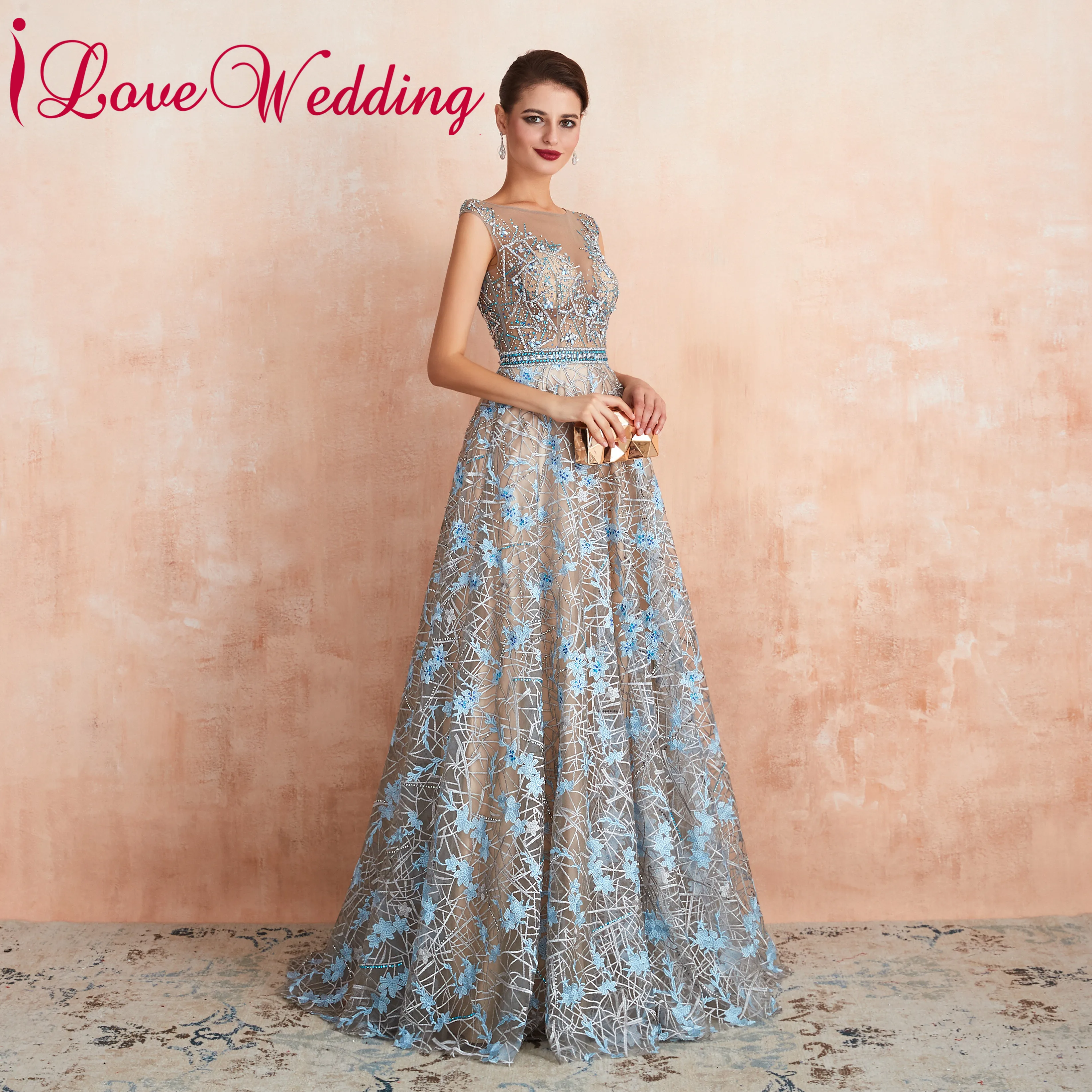ILoveWedding длинное платье ТРАПЕЦИЕВИДНОЕ кружевное торжественное с кристаллами и